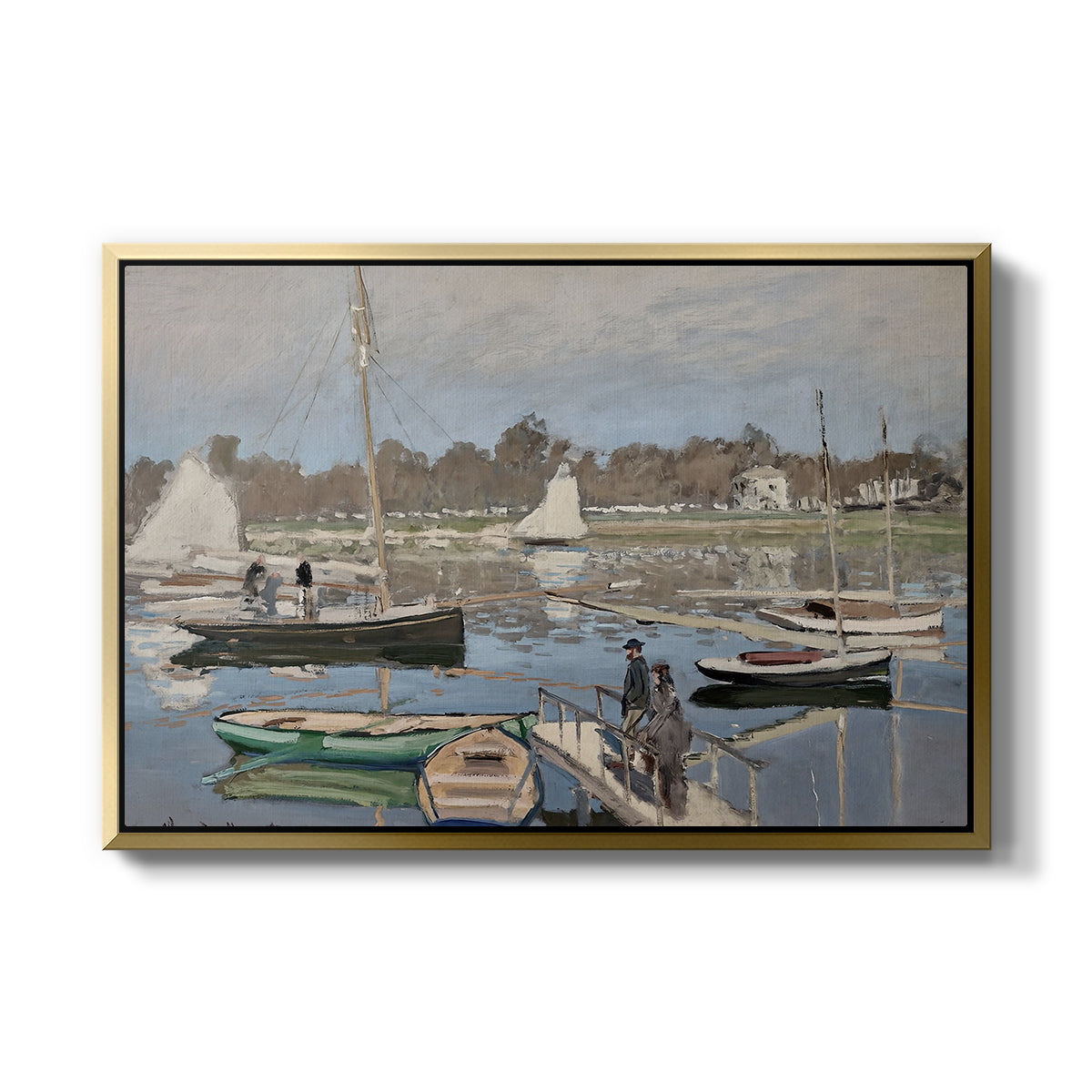 The Basin at Argenteuil, 1874 by Claude Monet in a gold floater framed canvas wall art display.