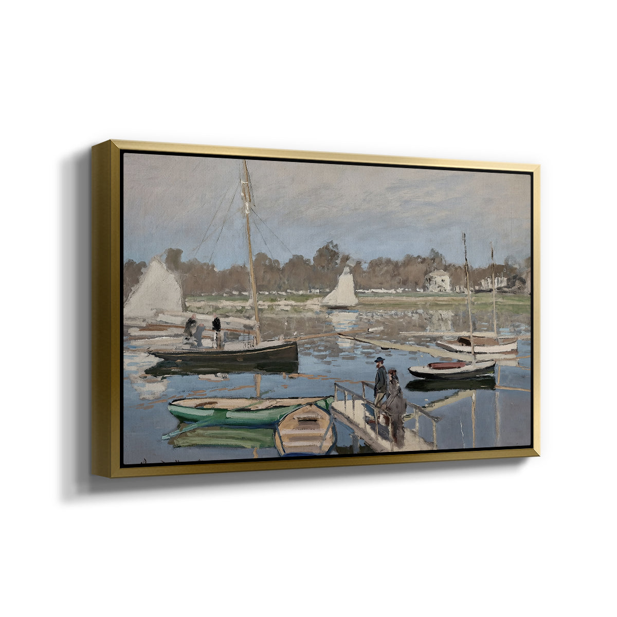 Angled view of The Basin at Argenteuil, 1874 by Claude Monet in a gold floater framed canvas.