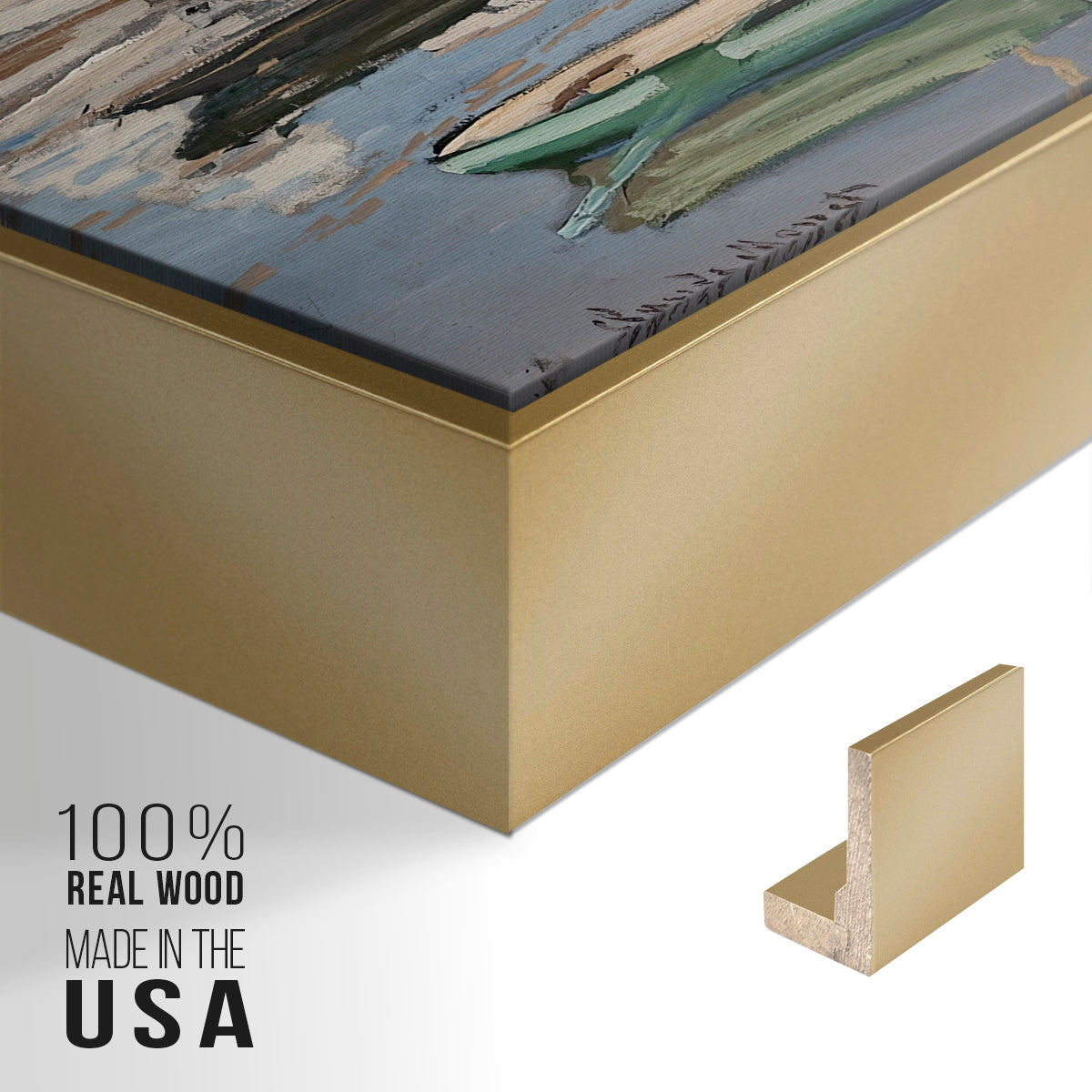 Close-up of the gold floater frame corner and gallery wrapped canvas construction.