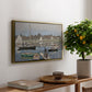 The Basin at Argenteuil, 1874 by Claude Monet, presented in a gold floater framed canvas featuring sailboats gathered in calm basin with reflections on water, displayed above a hallway console table.