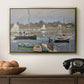 The Basin at Argenteuil, 1874 by Claude Monet in a gold floater framed canvas displayed above a console table in a hallway, featuring a tranquil river setting with sailboats and shoreline.