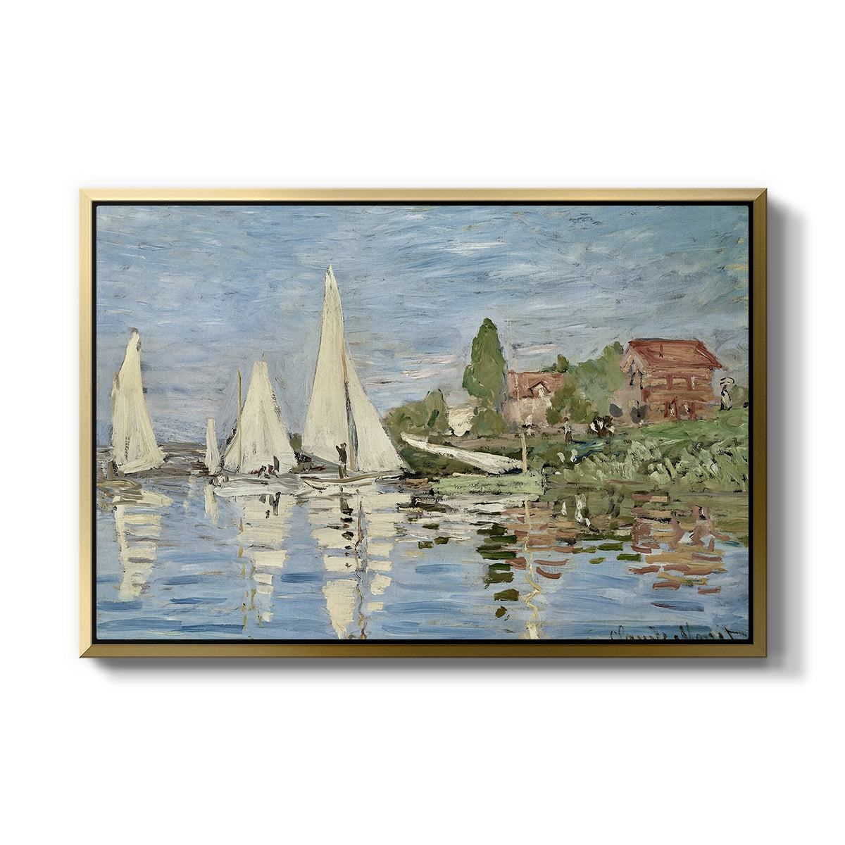 Regatta at Argenteuil, 1872 by Claude Monet in a gold floater framed canvas wall art display.