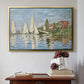 Gold floater framed canvas featuring Regatta at Argenteuil, 1872 by Claude Monet above an entryway table in a minimalist foyer.