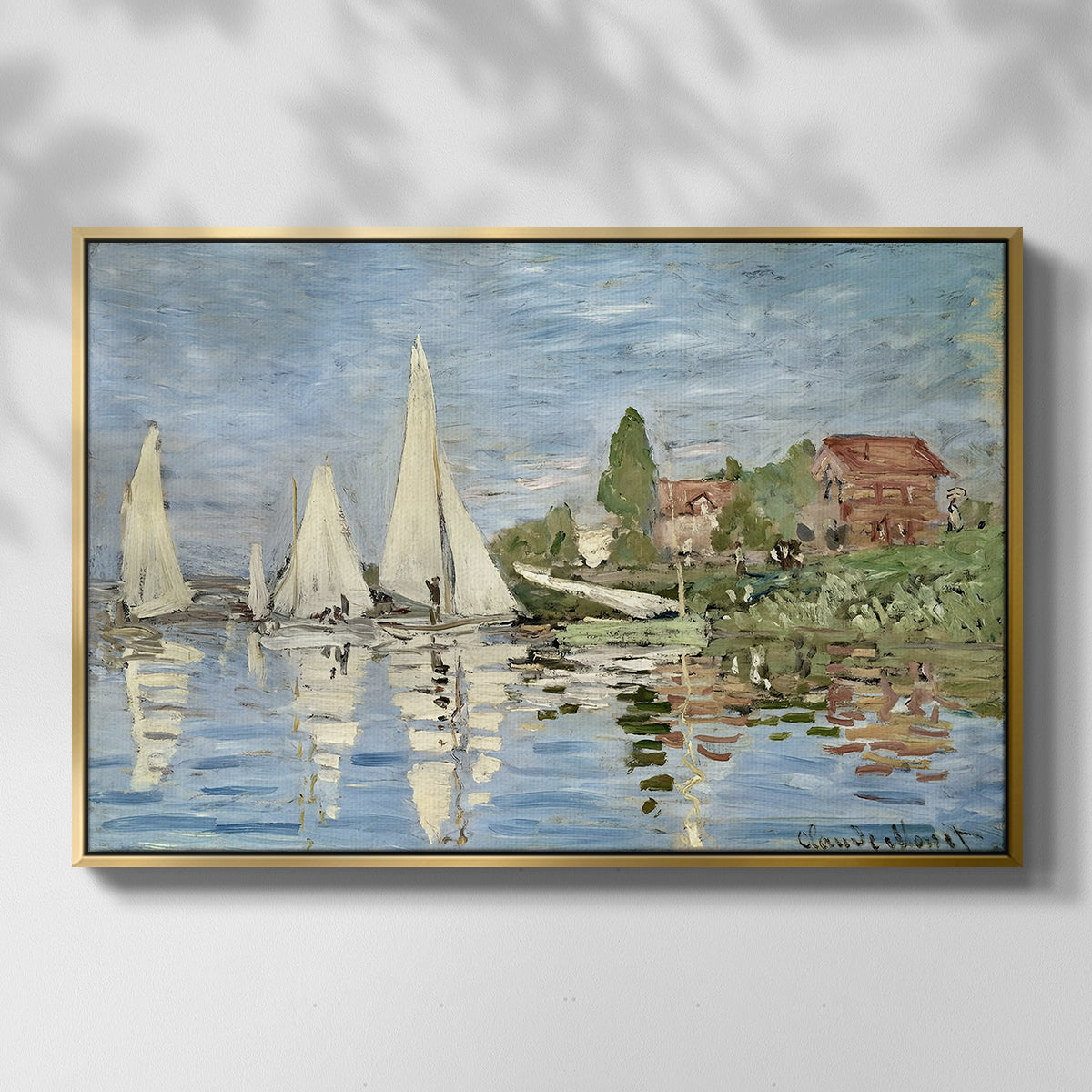 Front view of Regatta at Argenteuil, 1872 by Claude Monet in a gold floater framed canvas.