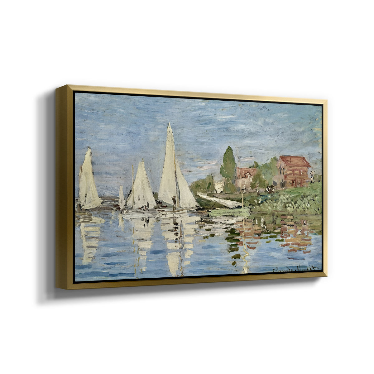 Angled view of Regatta at Argenteuil, 1872 by Claude Monet in a gold floater framed canvas.