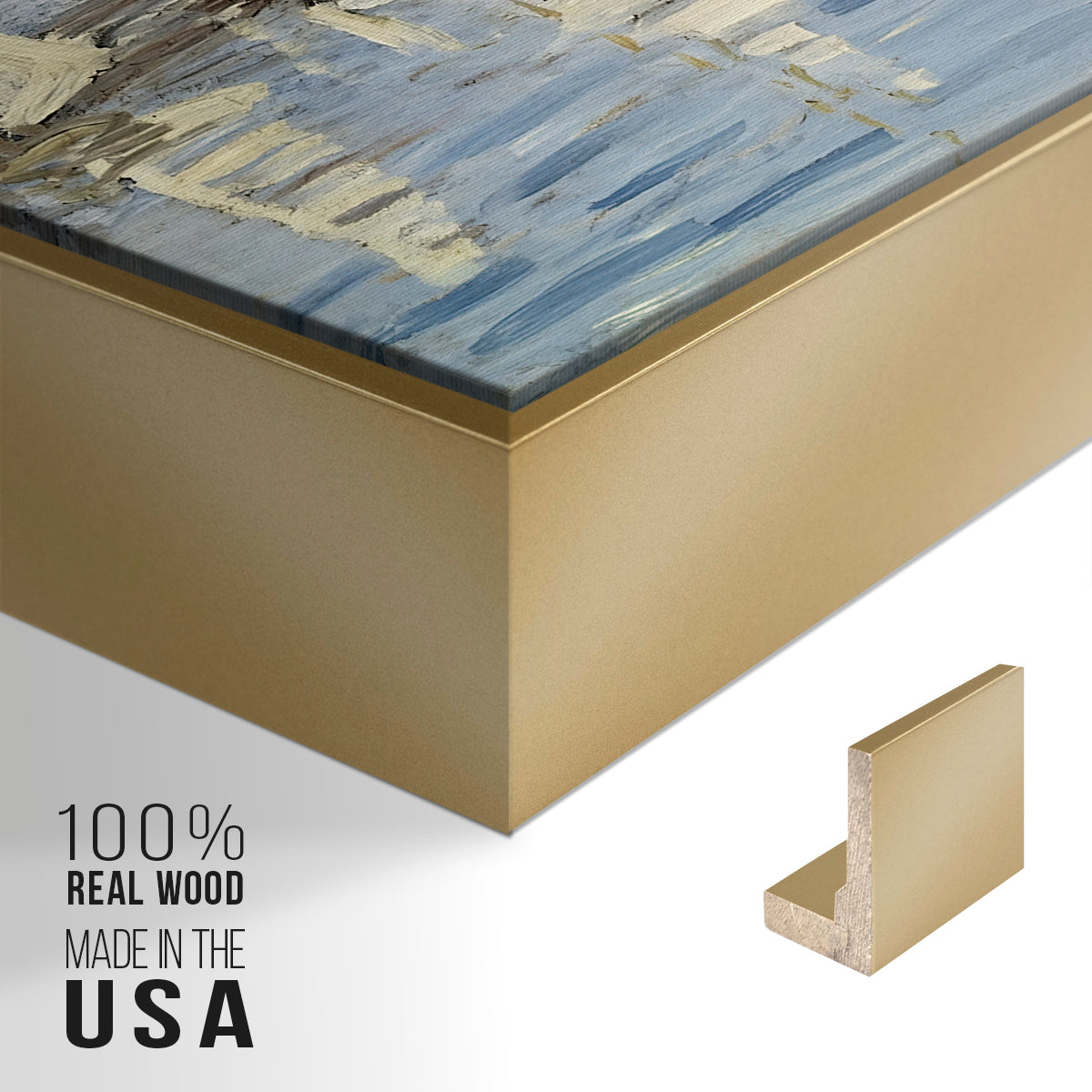 Close-up of the gold floater frame corner and gallery wrapped canvas construction.
