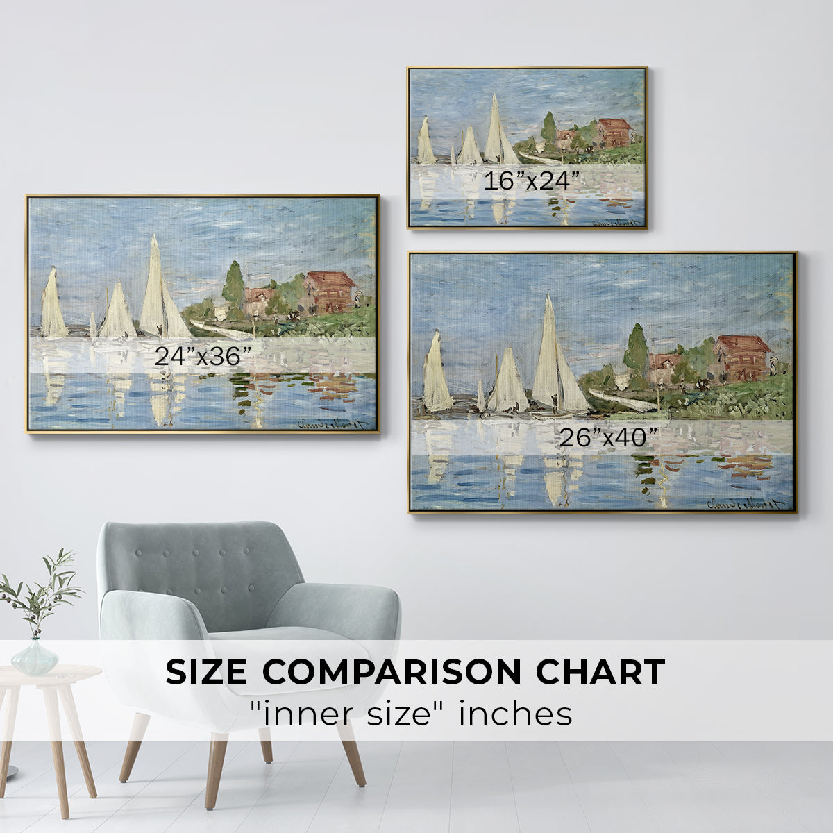 Size comparison chart for gold floater framed canvas featuring Regatta at Argenteuil, 1872 by Claude Monet.