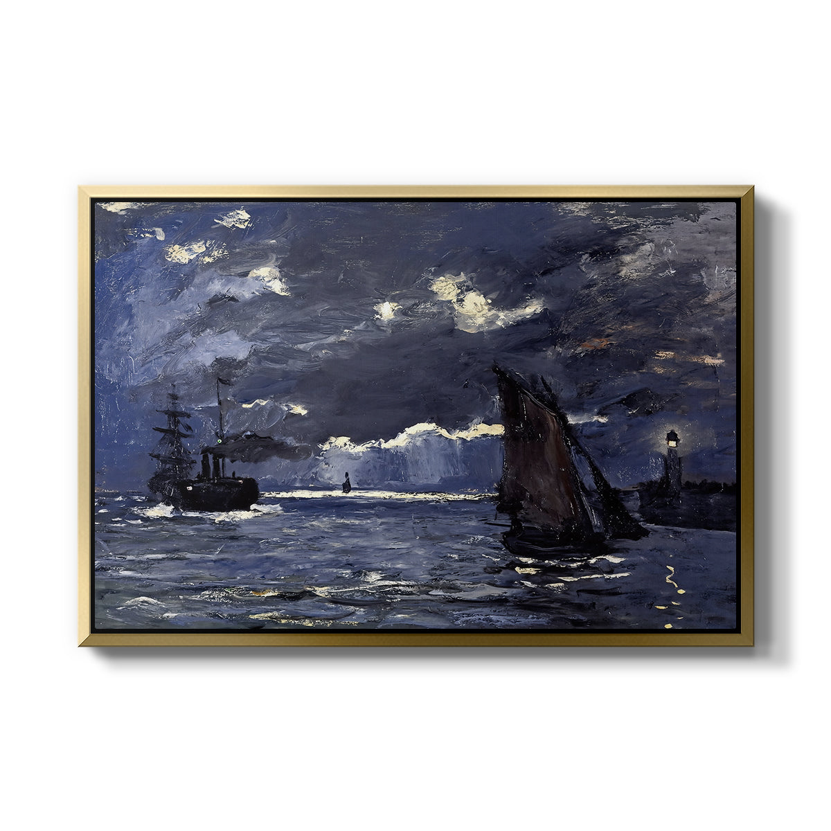 A Seascape, Shipping by Moonlight, 1864 by Claude Monet in a gold floater framed canvas wall art display.