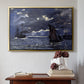 Gold floater framed canvas featuring A Seascape, Shipping by Moonlight, 1864 by Claude Monet above an entryway table in a minimalist foyer.