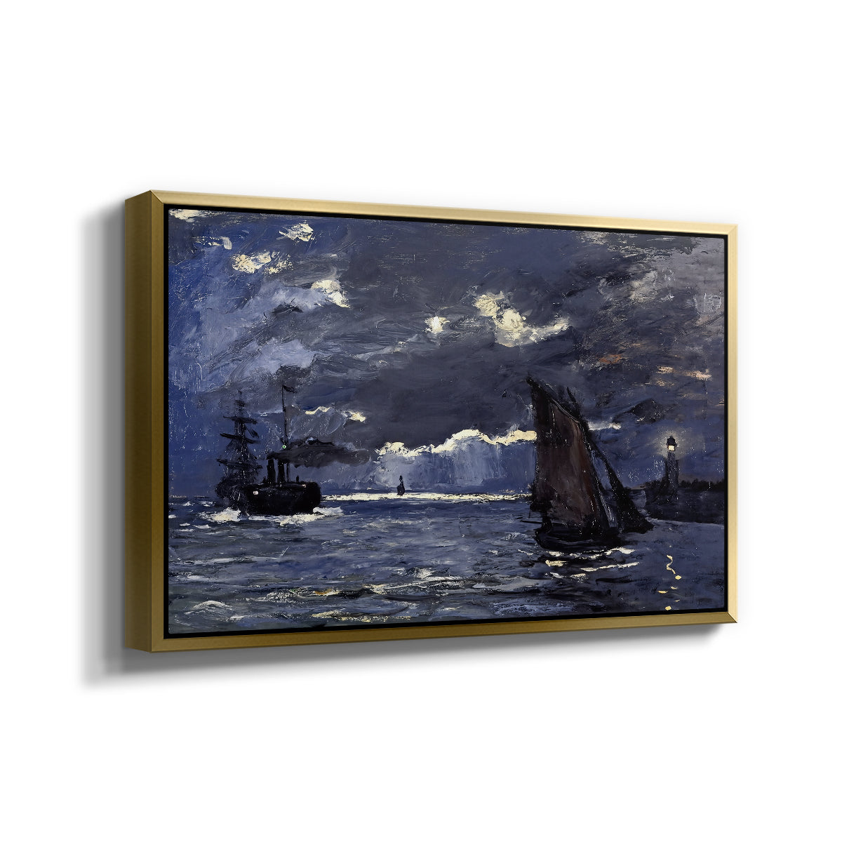 Angled view of A Seascape, Shipping by Moonlight, 1864 by Claude Monet in a gold floater framed canvas.