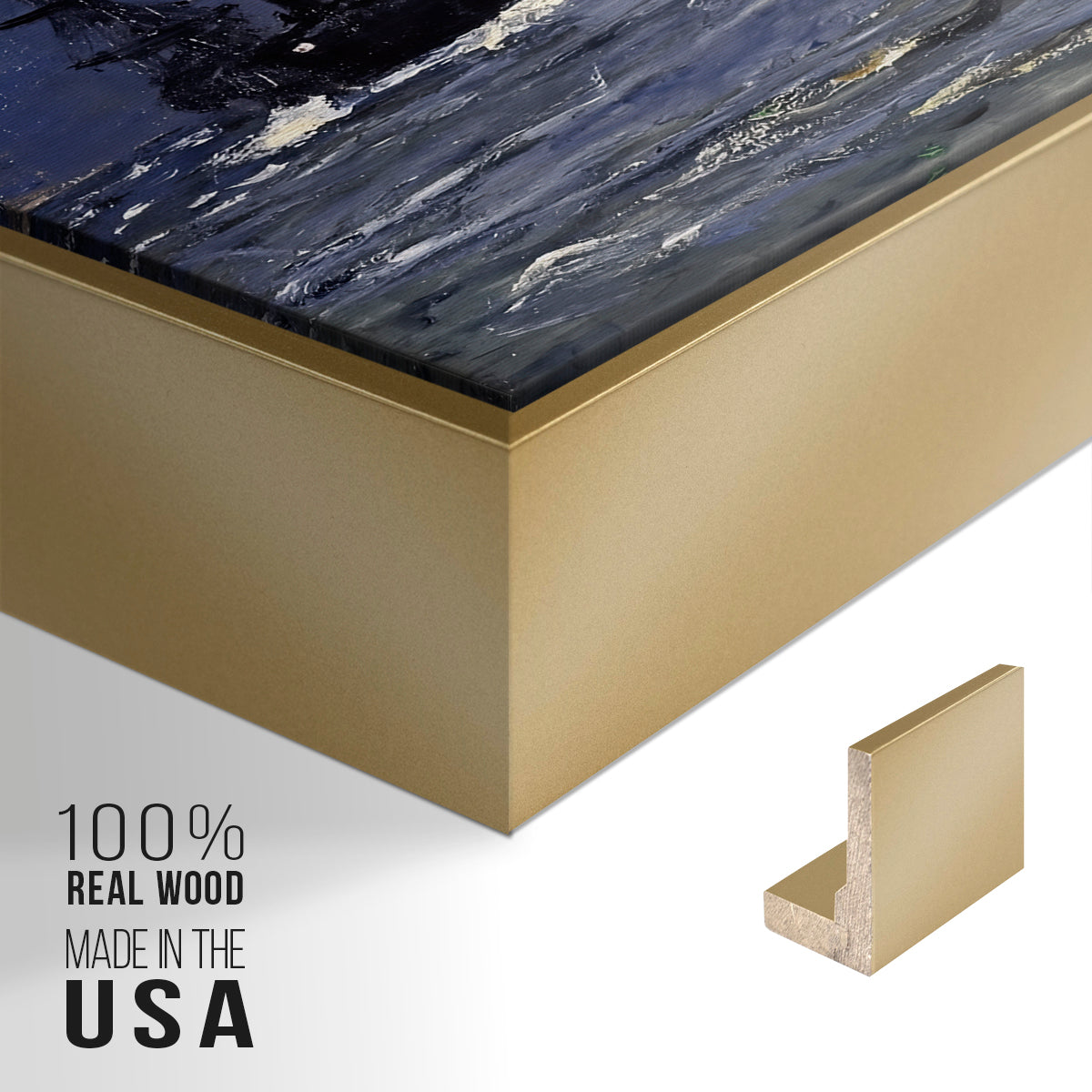 Close-up of the gold floater frame corner and gallery wrapped canvas construction.