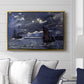A Seascape, Shipping by Moonlight, 1864 by Claude Monet displayed above a sofa in a living room in a gold floater frame, featuring a nocturnal seascape with boats silhouetted against glowing moon.