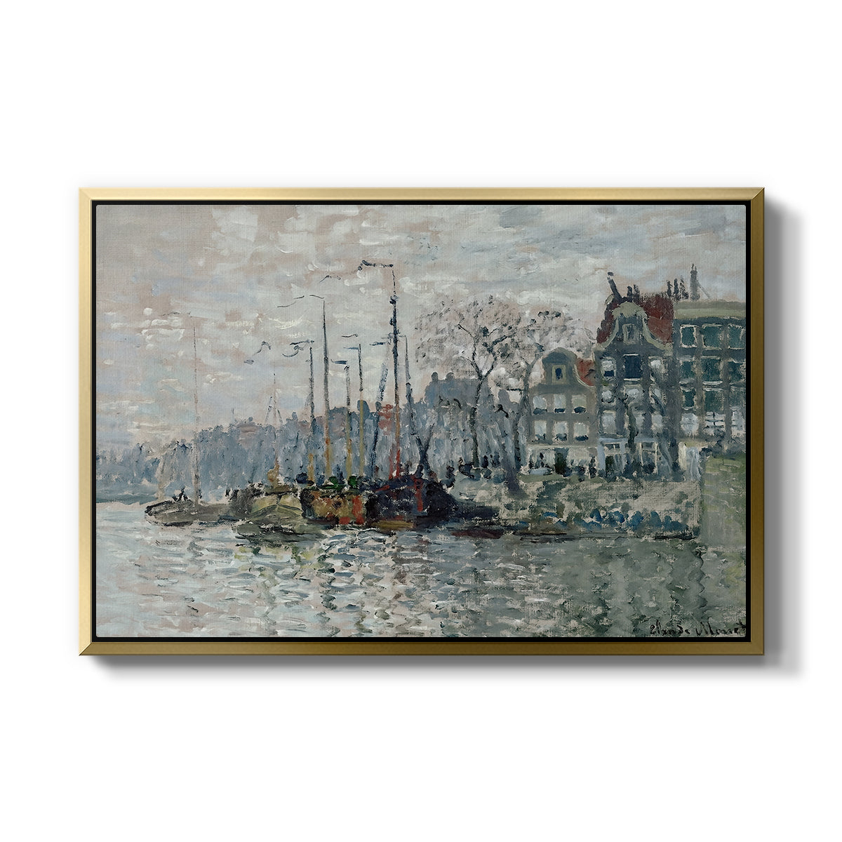 View of the Prins Hendrikkade and Kromme Waal in Amsterdam, 1874 by Claude Monet in a gold floater framed canvas wall art display.