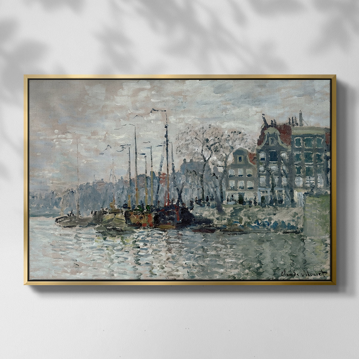 Front view of View of the Prins Hendrikkade and Kromme Waal in Amsterdam, 1874 by Claude Monet in a gold floater framed canvas.