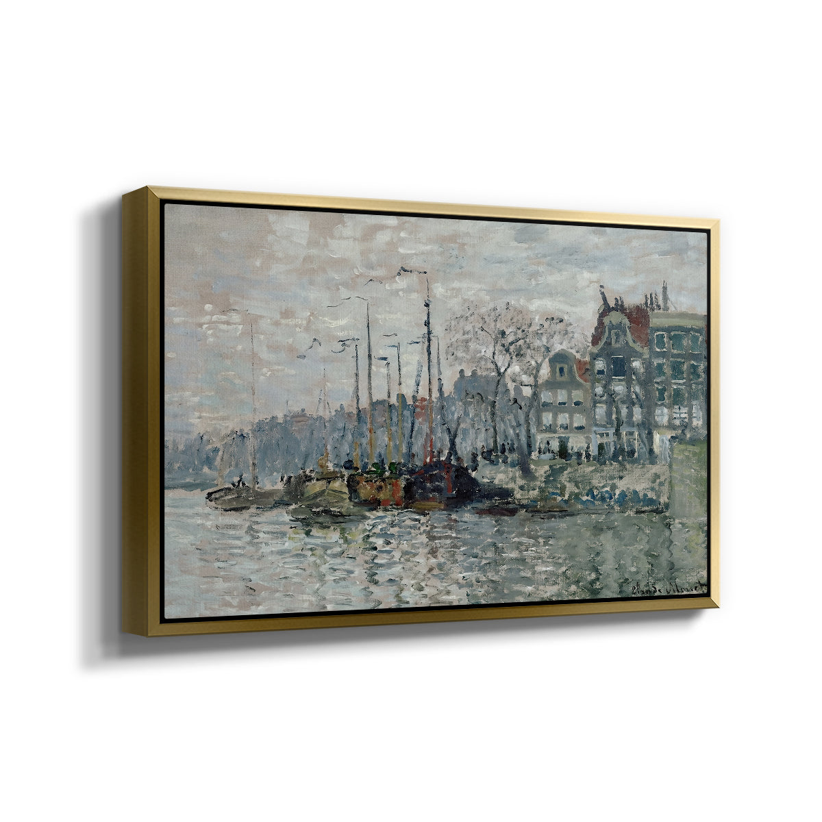 Angled view of View of the Prins Hendrikkade and Kromme Waal in Amsterdam, 1874 by Claude Monet in a gold floater framed canvas.
