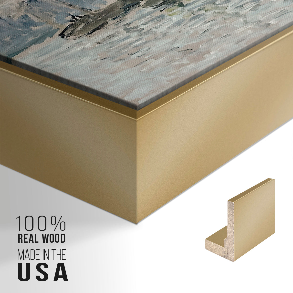 Close-up of the gold floater frame corner and gallery wrapped canvas construction.