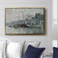 View of the Prins Hendrikkade and Kromme Waal in Amsterdam, 1874 by Claude Monet displayed above a sofa in a living room in a gold floater frame, featuring an impressionist cityscape of canal with ships and architecture.