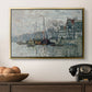 View of the Prins Hendrikkade and Kromme Waal in Amsterdam, 1874 by Claude Monet in a gold floater framed canvas displayed above a console table in a hallway, featuring a harbor view with masts, houses, and reflections in water.