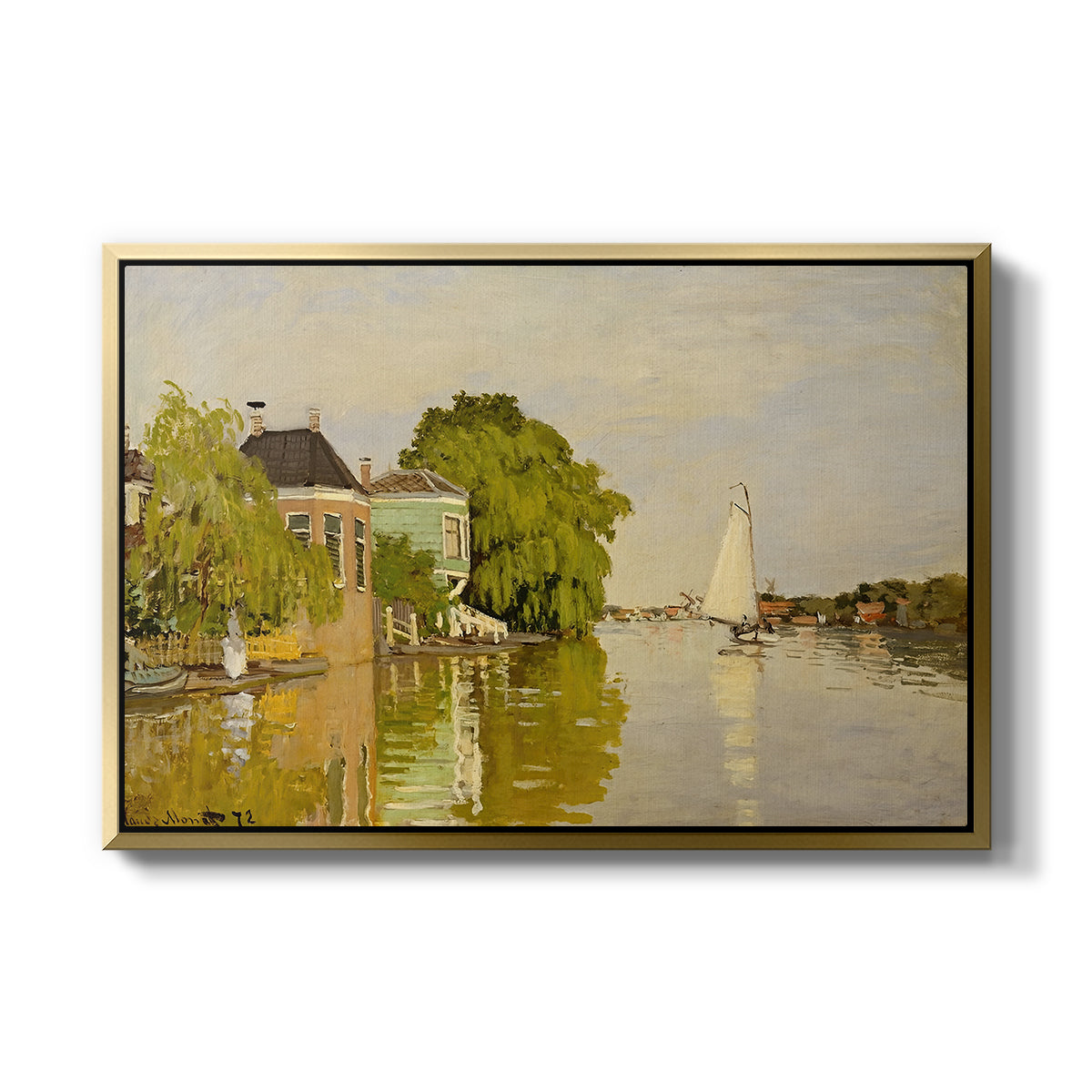 Houses on the Achterzaan, 1871 by Claude Monet in a gold floater framed canvas wall art display.