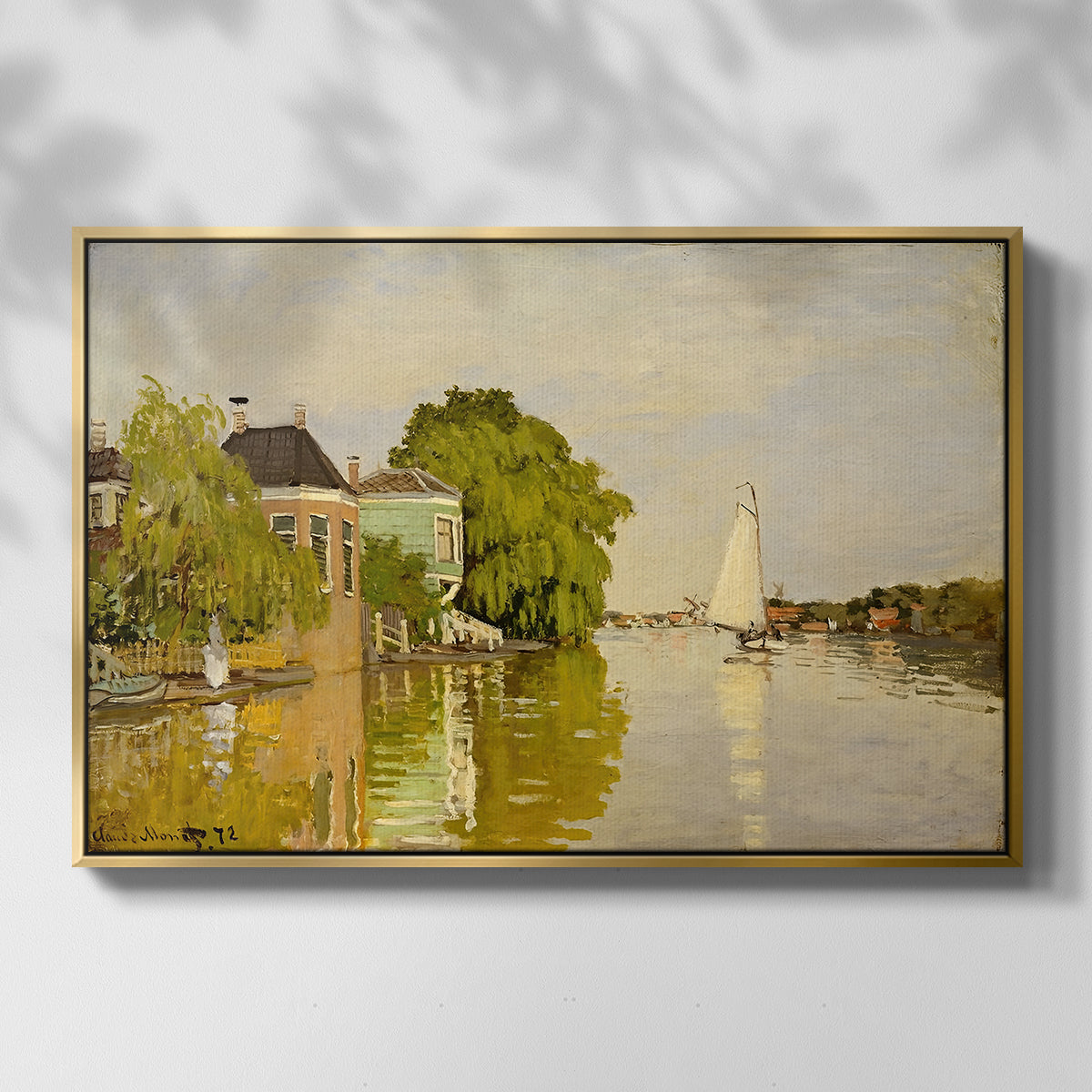 Front view of Houses on the Achterzaan, 1871 by Claude Monet in a gold floater framed canvas.