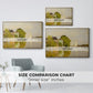 Size comparison chart for gold floater framed canvas featuring Houses on the Achterzaan, 1871 by Claude Monet.