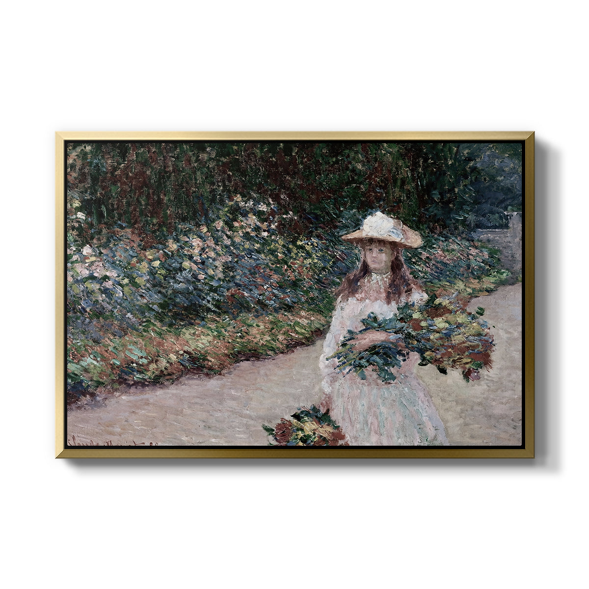 Young Girl in the Garden at Giverny, 1888 by Claude Monet in a gold floater framed canvas wall art display.