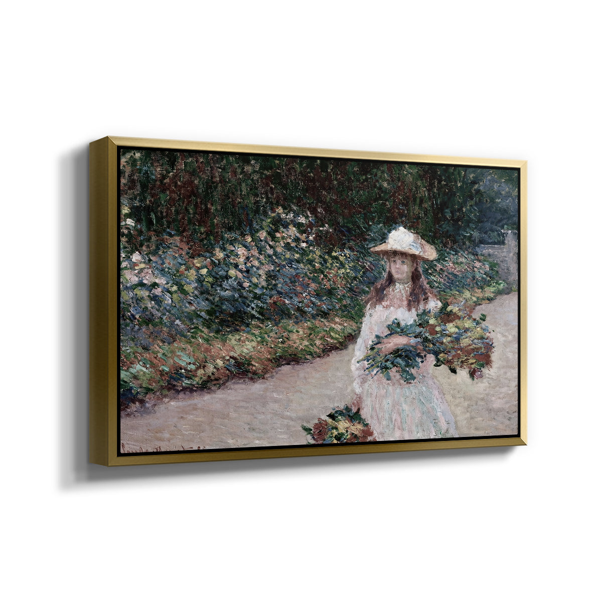 Angled view of Young Girl in the Garden at Giverny, 1888 by Claude Monet in a gold floater framed canvas.