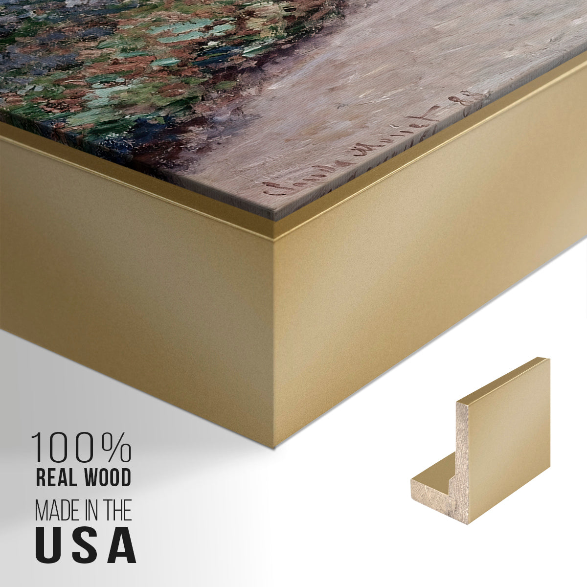 Close-up of the gold floater frame corner and gallery wrapped canvas construction.