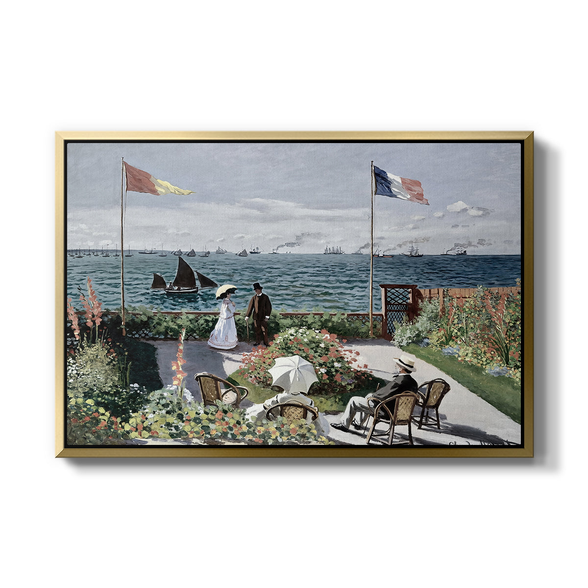 Garden at Sainte-Adresse, 1867 by Claude Monet in a gold floater framed canvas wall art display.