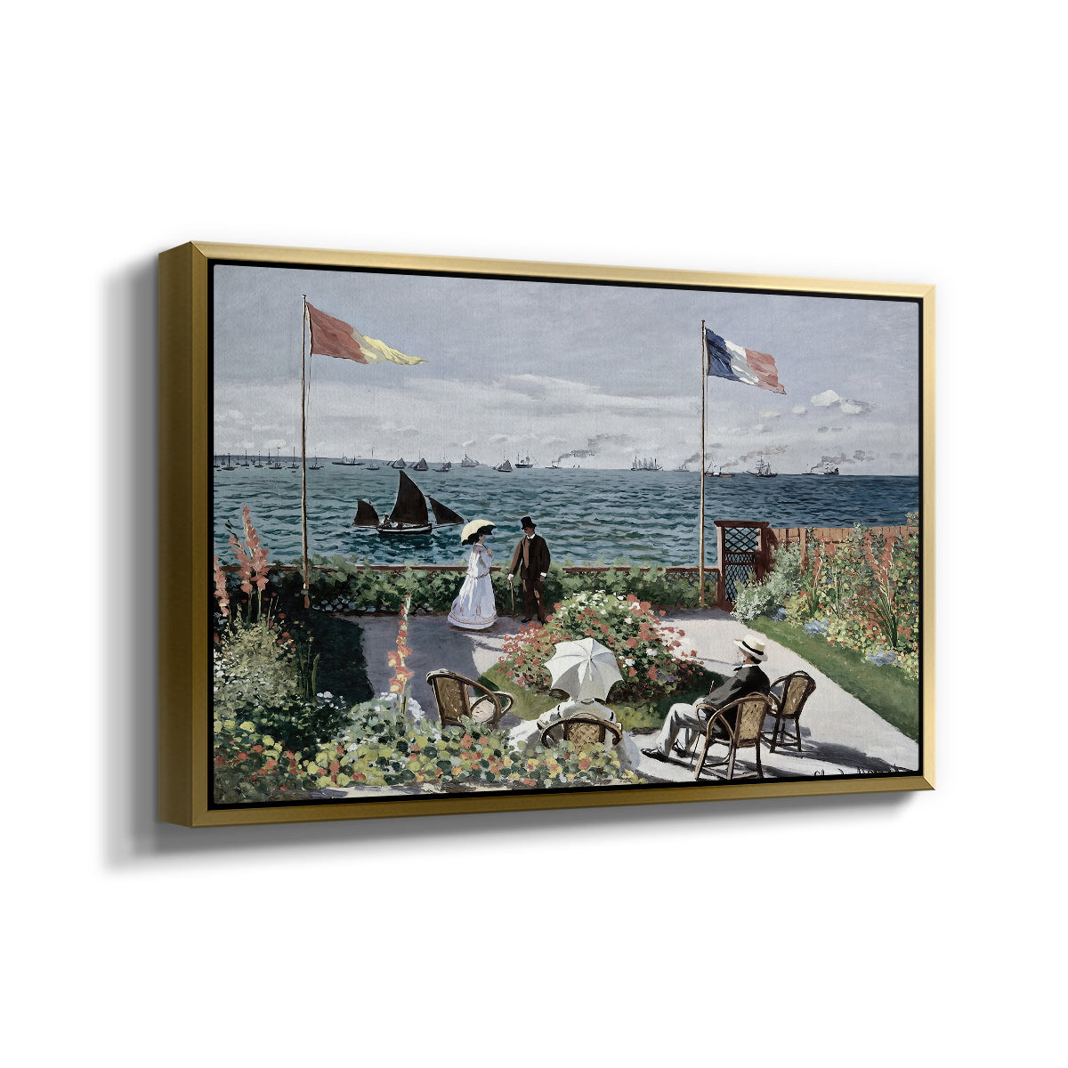 Angled view of Garden at Sainte-Adresse, 1867 by Claude Monet in a gold floater framed canvas.