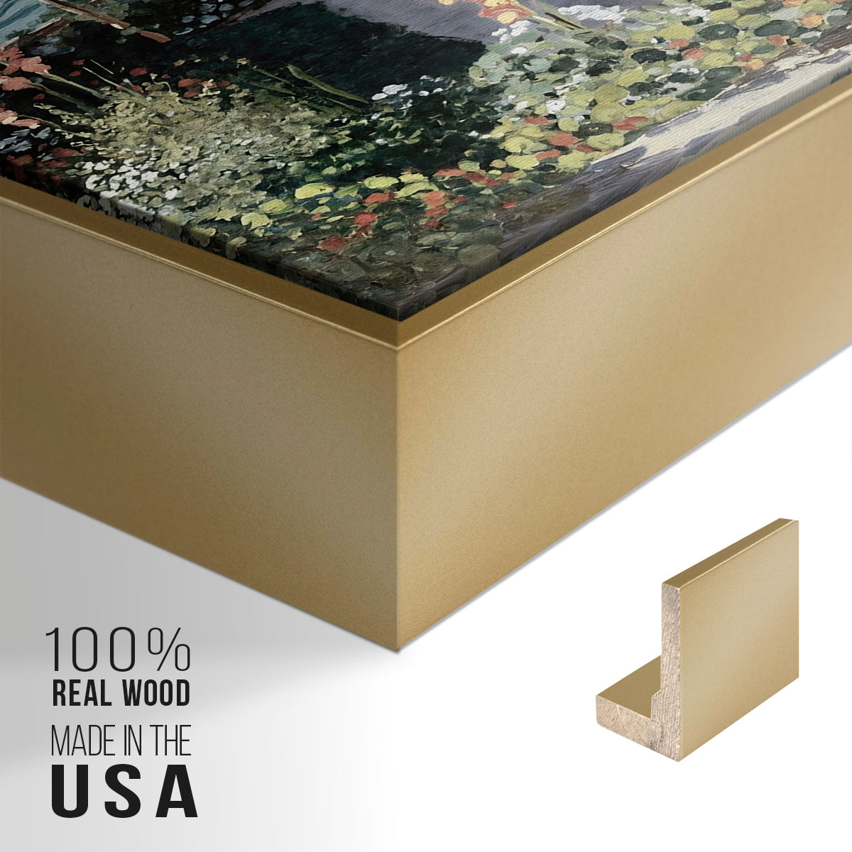 Close-up of the gold floater frame corner and gallery wrapped canvas construction.