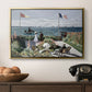 Garden at Sainte-Adresse, 1867 by Claude Monet in a gold floater framed canvas displayed above a console table in a hallway, featuring a landscaped terrace with figures and flags near shoreline.