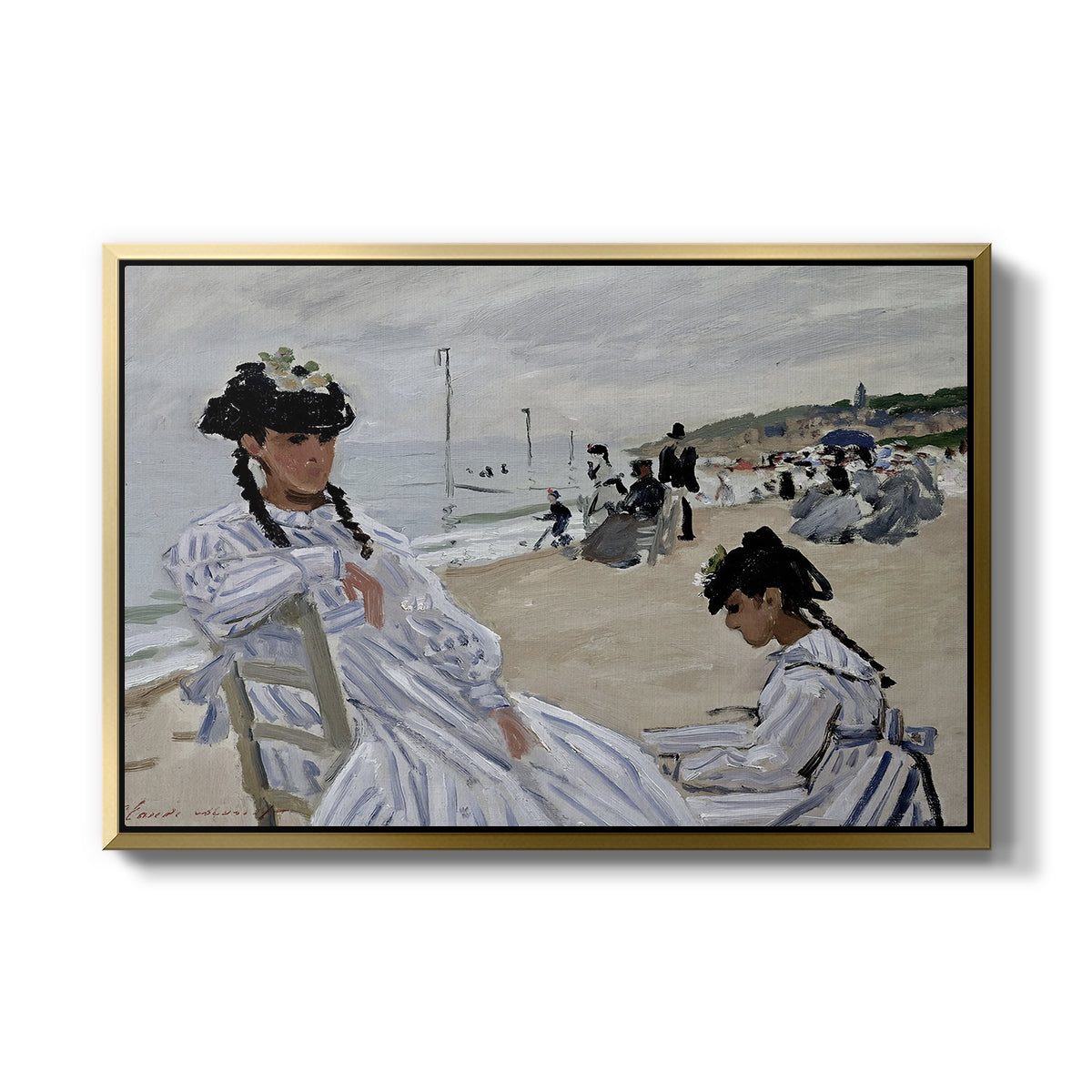 On the Beach at Trouville, 1870 by Claude Monet in a gold floater framed canvas wall art display.