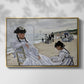 Front view of On the Beach at Trouville, 1870 by Claude Monet in a gold floater framed canvas.