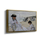 Angled view of On the Beach at Trouville, 1870 by Claude Monet in a gold floater framed canvas.