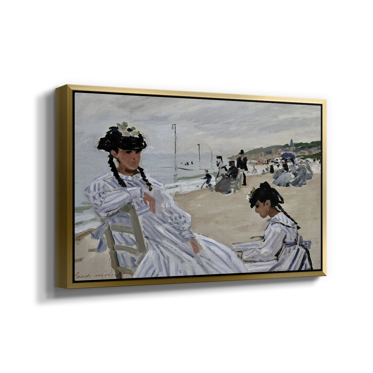 Angled view of On the Beach at Trouville, 1870 by Claude Monet in a gold floater framed canvas.