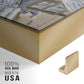 Close-up of the gold floater frame corner and gallery wrapped canvas construction.