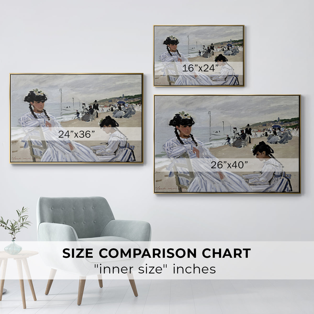 Size comparison chart for gold floater framed canvas featuring On the Beach at Trouville, 1870 by Claude Monet.