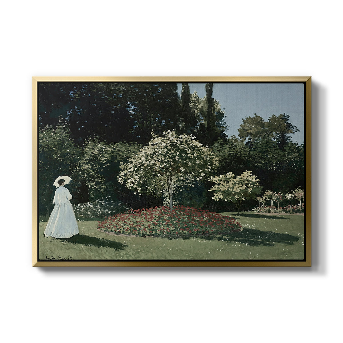 Woman in the Garden, Sainte-Adresse, 1867 by Claude Monet in a gold floater framed canvas wall art display.