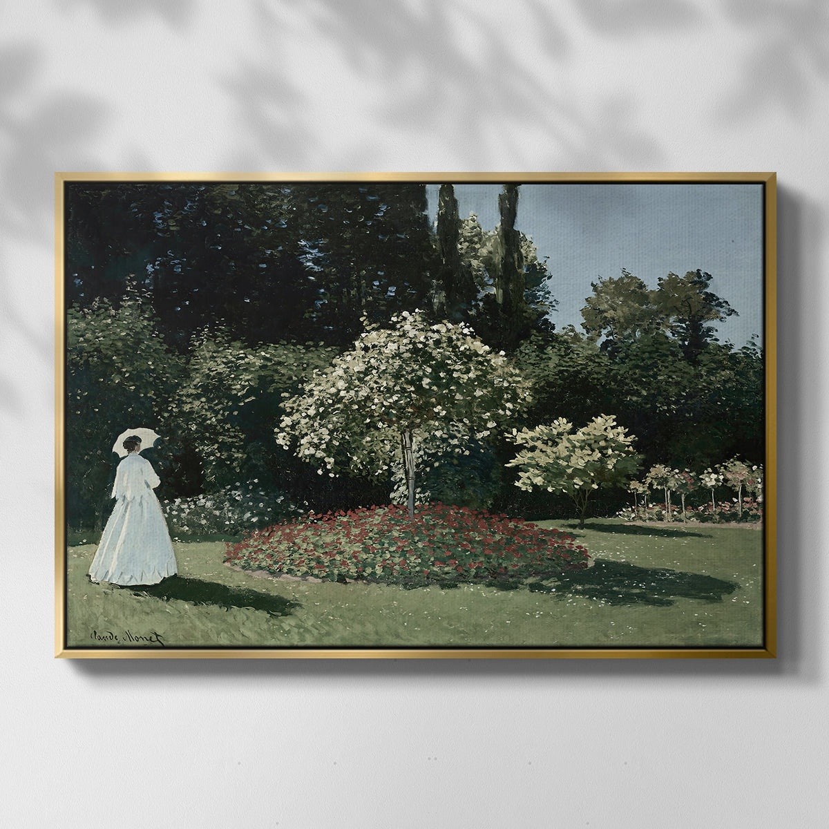 Front view of Woman in the Garden, Sainte-Adresse, 1867 by Claude Monet in a gold floater framed canvas.