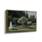 Angled view of Woman in the Garden, Sainte-Adresse, 1867 by Claude Monet in a gold floater framed canvas.