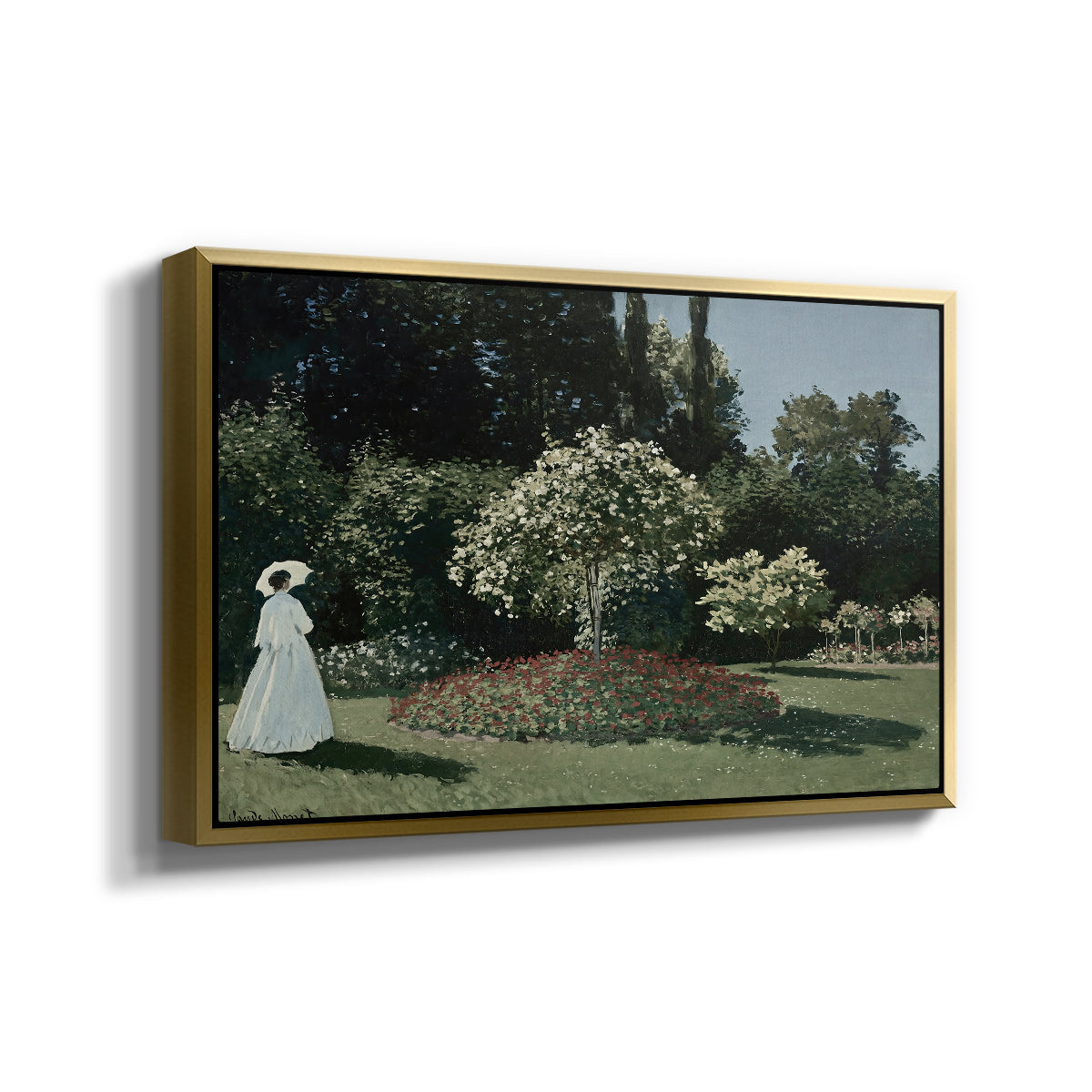 Angled view of Woman in the Garden, Sainte-Adresse, 1867 by Claude Monet in a gold floater framed canvas.
