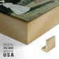 Close-up of the gold floater frame corner and gallery wrapped canvas construction.
