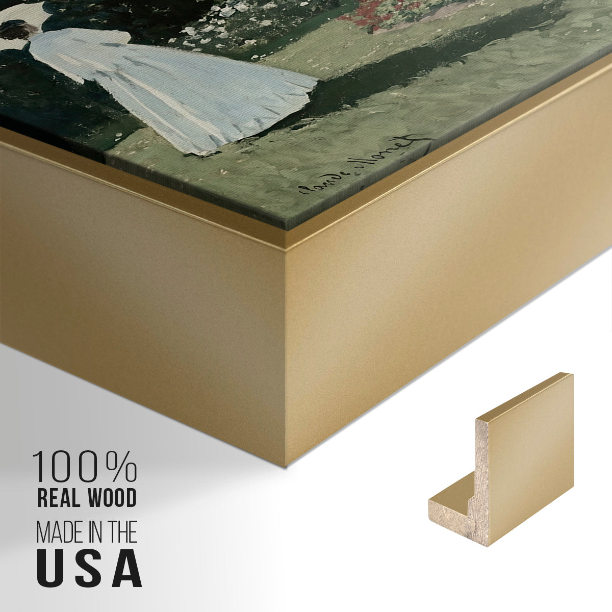 Close-up of the gold floater frame corner and gallery wrapped canvas construction.