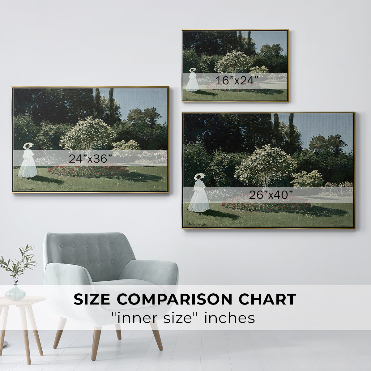 Size comparison chart for gold floater framed canvas featuring Woman in the Garden, Sainte-Adresse, 1867 by Claude Monet.