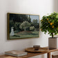 Woman in the Garden, Sainte-Adresse, 1867 by Claude Monet, presented in a gold floater framed canvas featuring a woman standing in garden surrounded by flowers and greenery, displayed above a hallway console table.