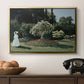 Woman in the Garden, Sainte-Adresse, 1867 by Claude Monet in a gold floater framed canvas displayed above a console table in a hallway, featuring a tranquil garden portrait with soft natural light.
