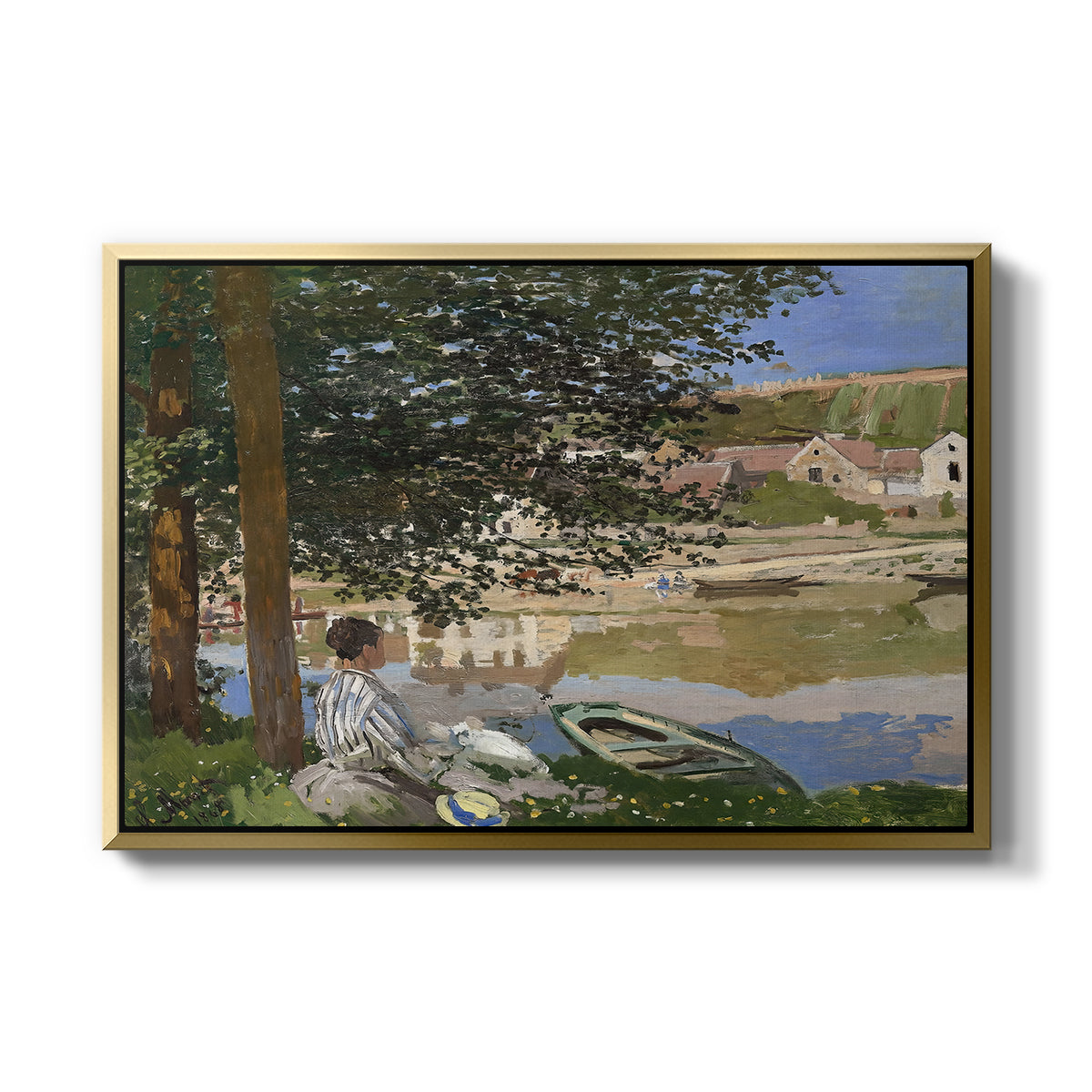 On the Bank of the Seine, Bennecourt, 1868 by Claude Monet in a gold floater framed canvas wall art display.