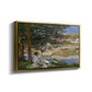 Angled view of On the Bank of the Seine, Bennecourt, 1868 by Claude Monet in a gold floater framed canvas.