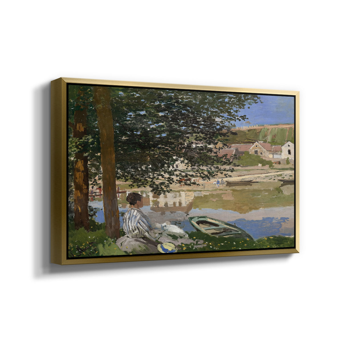 Angled view of On the Bank of the Seine, Bennecourt, 1868 by Claude Monet in a gold floater framed canvas.